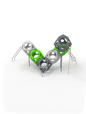 Rendered combination of plastic colourful playcubes which create playful play units for playgrounds with experiences like climbing, sliding and balancing.